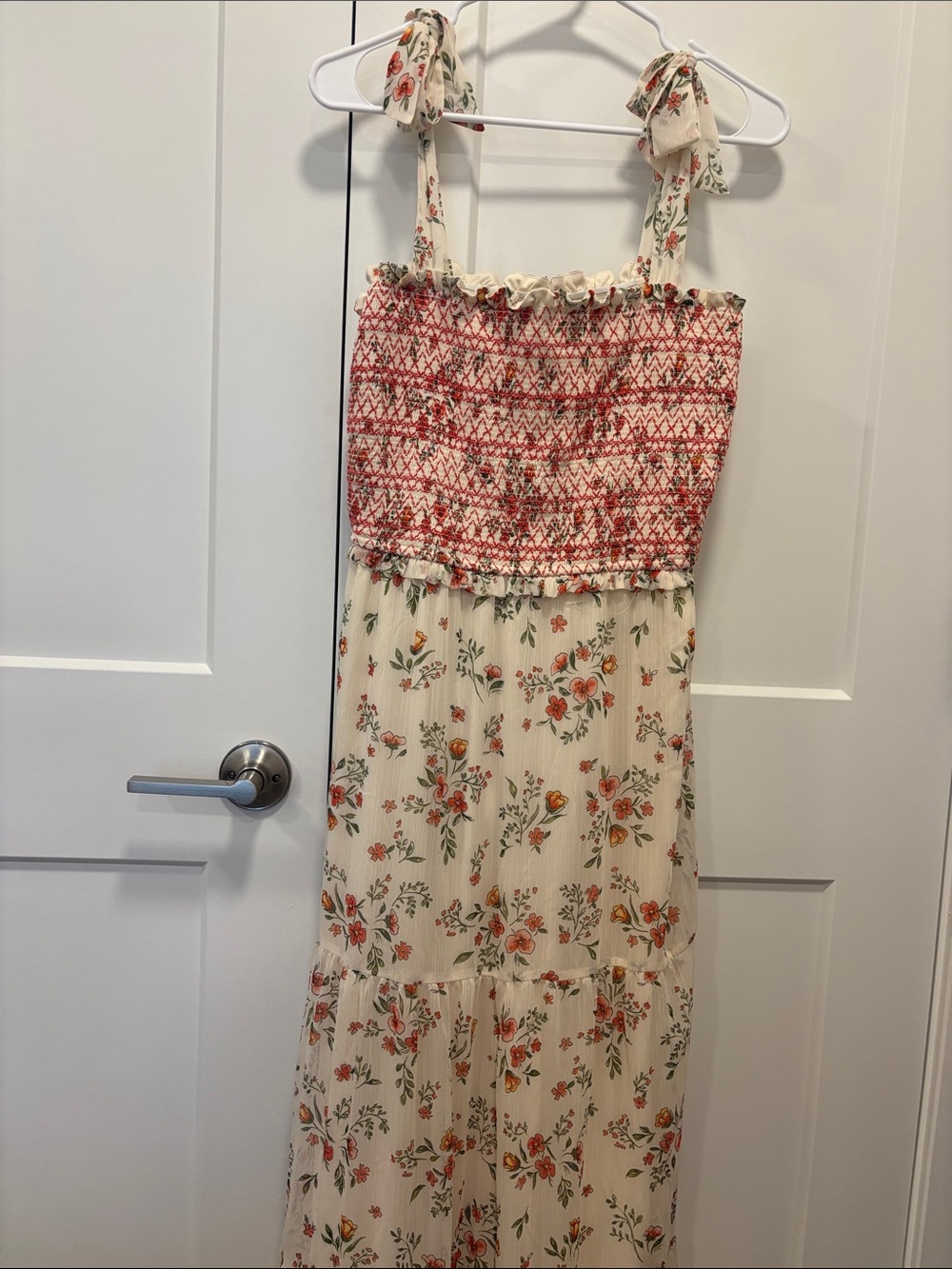 LC Lauren Conrad Cream Floral Maxi Dress with Red Smocked Bodice